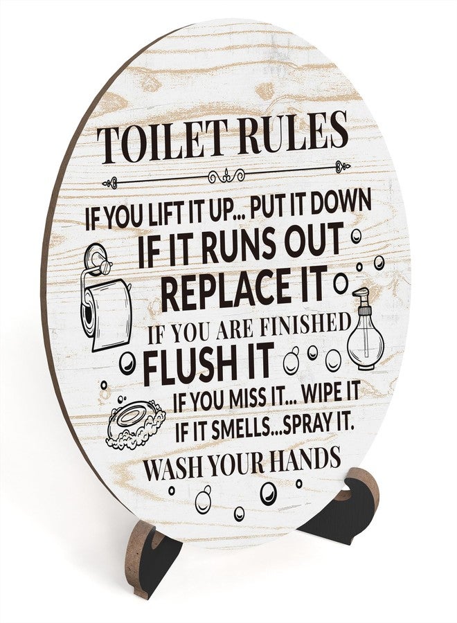 Zmyollo Rustic Bathroom Decor, Funny Round Sign With Stand, Toilet Rules for Shelf, Farmhouse Quote for Restroom Washroom Home Decor Gifts, A01 - Image 1